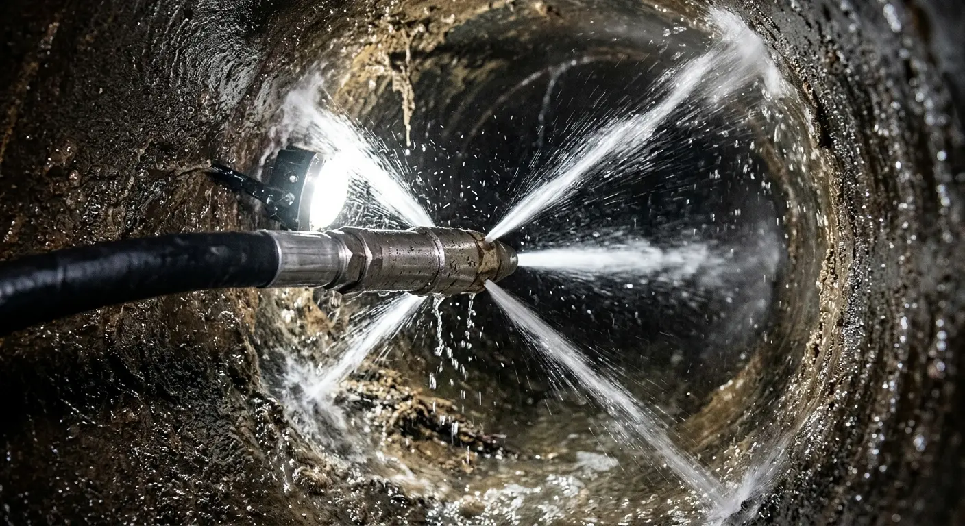 High-pressure hydro jetting nozzle cleaning sewer pipe for Emergency Drain Service in Chelsea