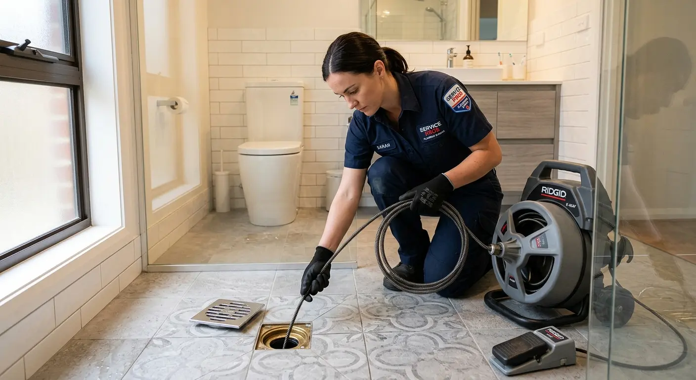 Technician clearing a bathroom floor drain for Drain Cleaning in Chelsea